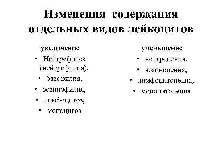   Изменения содержания отдельных видов лейкоцитов увеличение  уменьшение • Нейтрофилез  
