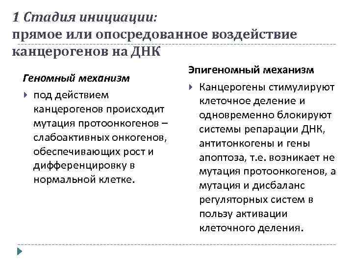 1 Стадия инициации: прямое или опосредованное воздействие канцерогенов на ДНК Геномный механизм под действием