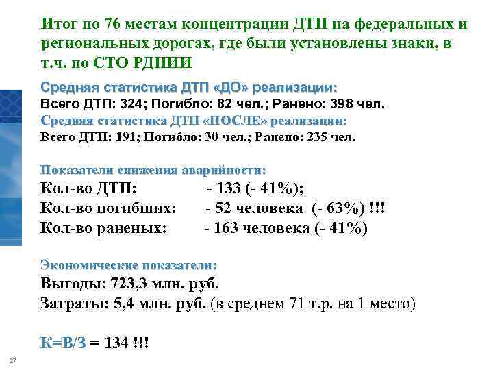 Итог по 76 местам концентрации ДТП на федеральных и региональных дорогах, где были установлены