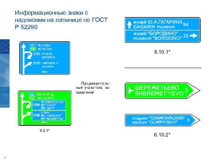 Информационные знаки с надписями на латинице по ГОСТ Р 52290 7 