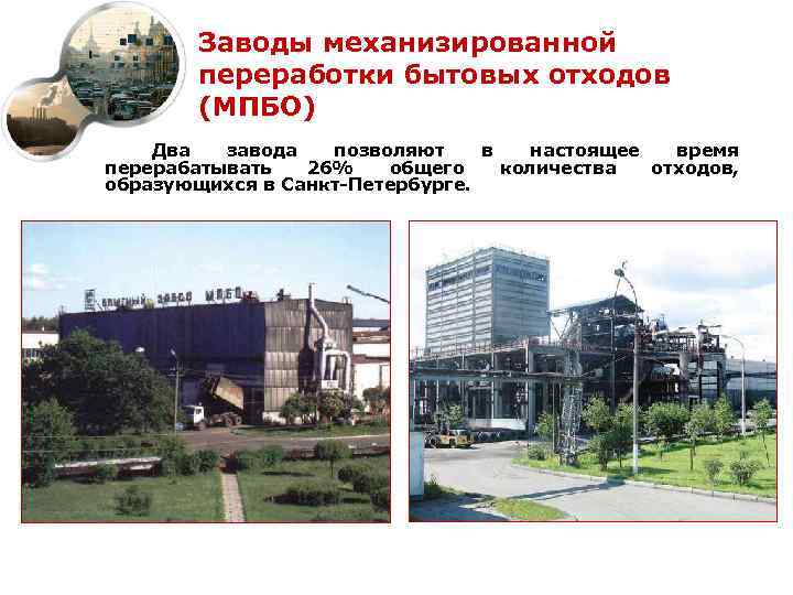 Заводы механизированной переработки бытовых отходов (МПБО) Два завода позволяют в настоящее время перерабатывать 26%
