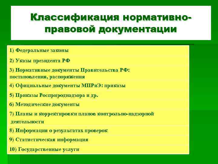 Классификация нормативноправовой документации 1) Федеральные законы 2) Указы президента РФ 3) Нормативные документы Правительства