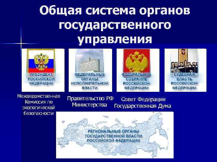 Общая система органов государственного управления Межведомственная Комиссия по экологической безопасности Правительство РФ Совет Федерации