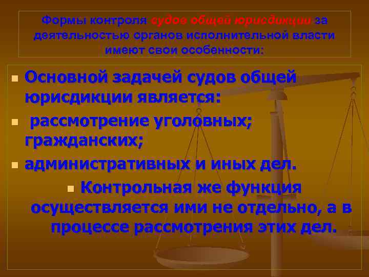 Формы контроля судов общей юрисдикции за деятельностью органов исполнительной власти имеют свои особенности: n