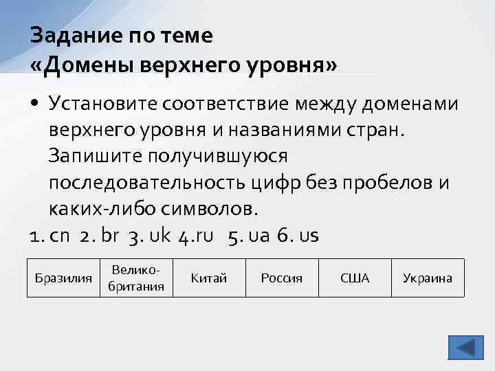 Задание по теме «Домены верхнего уровня» • Установите соответствие между доменами верхнего уровня и