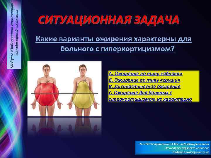 Модуль: «Заболевания гипоталамогипофизарной системы» СИТУАЦИОННАЯ ЗАДАЧА Какие варианты ожирения характерны для больного с гиперкортицизмом?