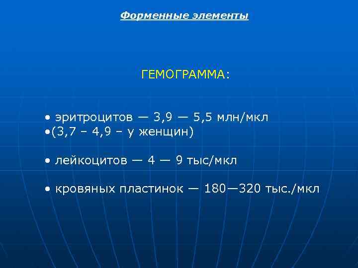 Форменные элементы ГЕМОГРАММА: • эритроцитов — 3, 9 — 5, 5 млн/мкл • (3,
