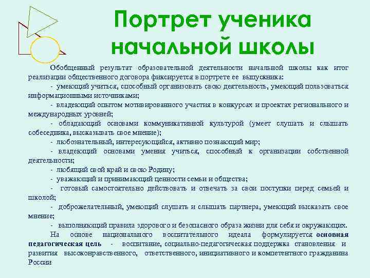 Портрет ученика начальной школы Обобщенный результат образовательной деятельности начальной школы как итог реализации общественного