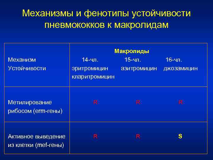 Механизмы и фенотипы устойчивости пневмококков к макролидам Механизм Устойчивости 14 -чл. эритромицин кларитромицин Макролиды