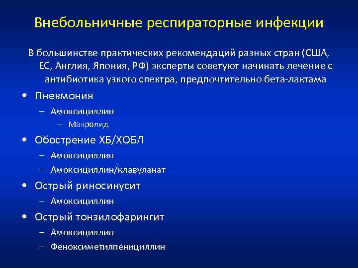 Внебольничные респираторные инфекции В большинстве практических рекомендаций разных стран (США, ЕС, Англия, Япония, РФ)