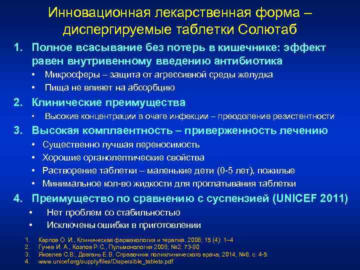 Инновационная лекарственная форма – диспергируемые таблетки Солютаб 1. Полное всасывание без потерь в кишечнике: