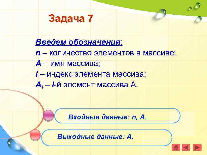 Задача 7 Введем обозначения: n – количество элементов в массиве; А – имя массива;