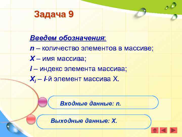 Задача 9 Введем обозначения: n – количество элементов в массиве; Х – имя массива;