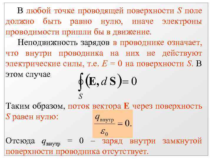 В любой точке проводящей поверхности S поле должно быть равно нулю, иначе электроны проводимости