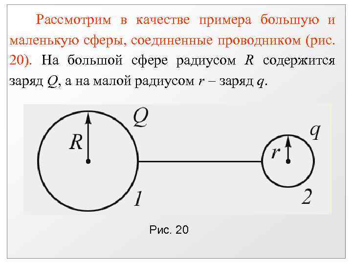 Рассмотрим в качестве примера большую и маленькую сферы, соединенные проводником (рис. 20). На большой