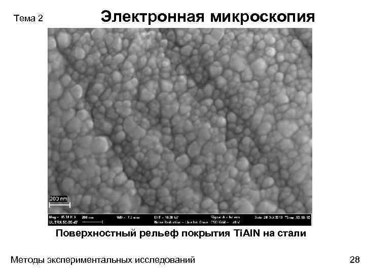 Тема 2 Электронная микроскопия Поверхностный рельеф покрытия Ti. Al. N на стали Методы экспериментальных