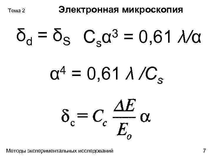 Тема 2 Электронная микроскопия δd = δS Csα 3 = 0, 61 λ/α 4