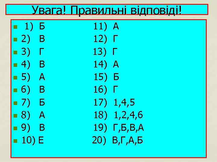 Увага! Правильні відповіді! n n n n n 1) Б 2) В 3) Г