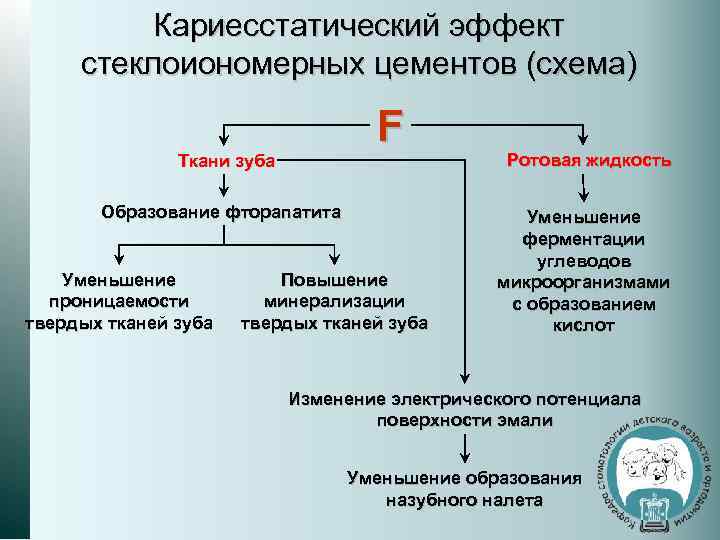 Кариесстатический эффект стеклоиономерных цементов (схема) F Ткани зуба Образование фторапатита Уменьшение проницаемости твердых тканей