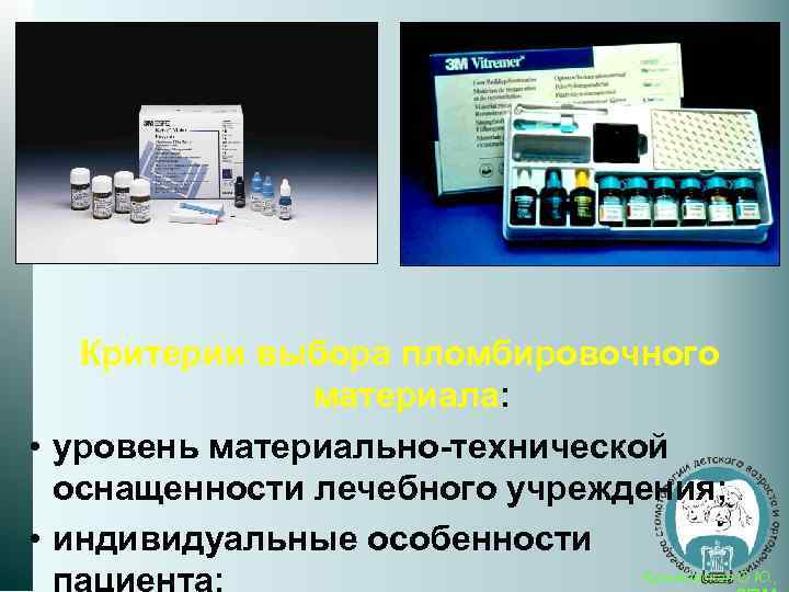 Критерии выбора пломбировочного материала: • уровень материально-технической оснащенности лечебного учреждения; • индивидуальные особенности Кузьминская