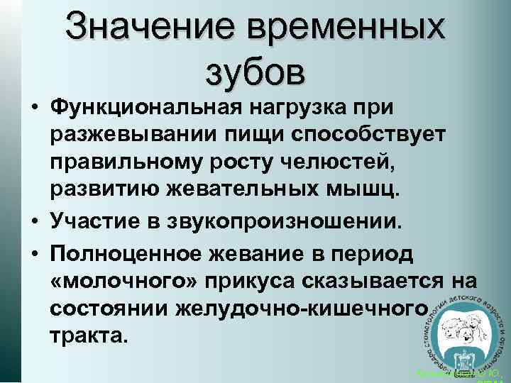 Значение временных зубов • Функциональная нагрузка при разжевывании пищи способствует правильному росту челюстей, развитию