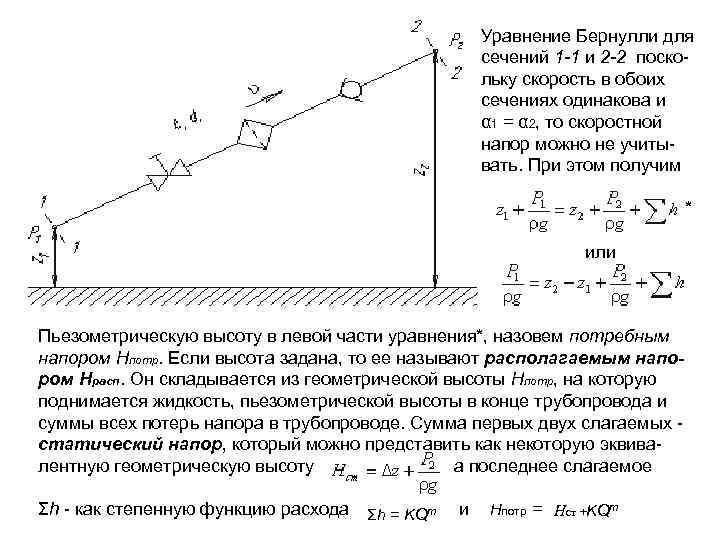 Уравнение Бернулли для сечений 1 -1 и 2 -2 поскольку скорость в обоих сечениях