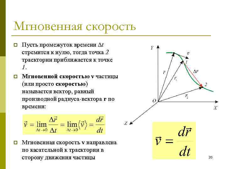 Мгновенная скорость p p p Пусть промежуток времени t стремится к нулю, тогда точка