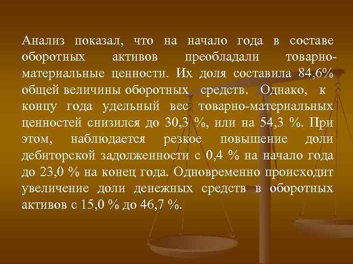 Анализ показал, что на начало года в составе оборотных активов преобладали товарноматериальные ценности. Их