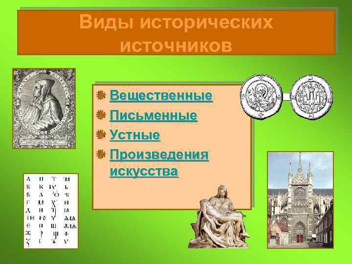 Виды исторических источников Вещественные Письменные Устные Произведения искусства 