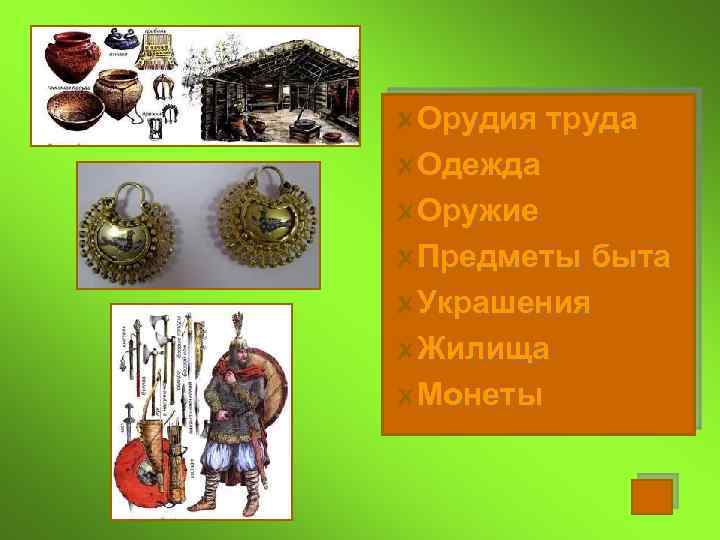 Орудия труда Одежда Оружие Предметы быта Украшения Жилища Монеты 