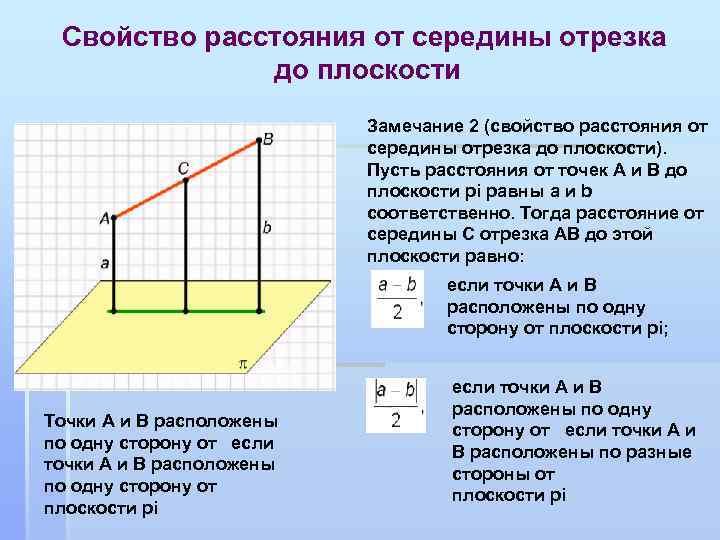 Свойство расстояния от середины отрезка до плоскости Замечание 2 (свойство расстояния от середины отрезка