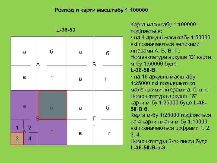 Розподіл карти масштабу 1: 100000 1 2 3 4 Карта масштабу 1: 100000 поділяється: