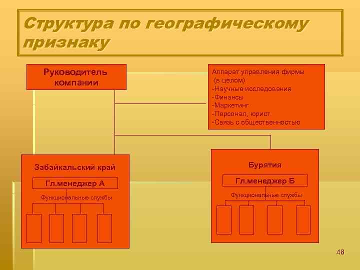 Структура по географическому признаку Руководитель компании Аппарат управления фирмы (в целом) -Научные исследования -Финансы