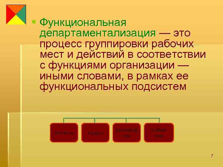 § Функциональная департаментализация — это процесс группировки рабочих мест и действий в соответствии с