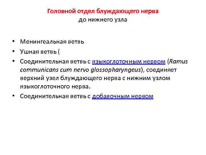 Головной отдел блуждающего нерва до нижнего узла • Менингеальная ветвь • Ушная ветвь (