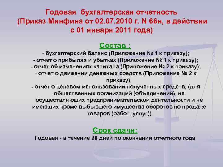 Годовая бухгалтерская отчетность (Приказ Минфина от 02. 07. 2010 г. N 66 н, в