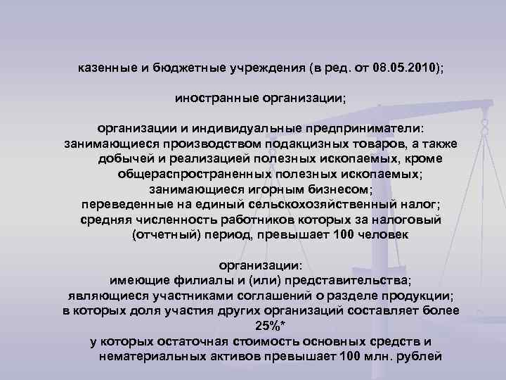 казенные и бюджетные учреждения (в ред. от 08. 05. 2010); иностранные организации; организации и