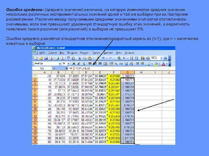 Ошибка среднего: (среднего значения) величина, на которую изменяются средние значения нескольких различных экспериментальных значений