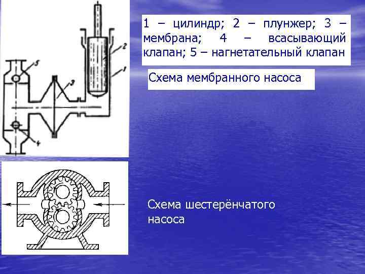 1 – цилиндр; 2 – плунжер; 3 – мембрана; 4 – всасывающий клапан; 5