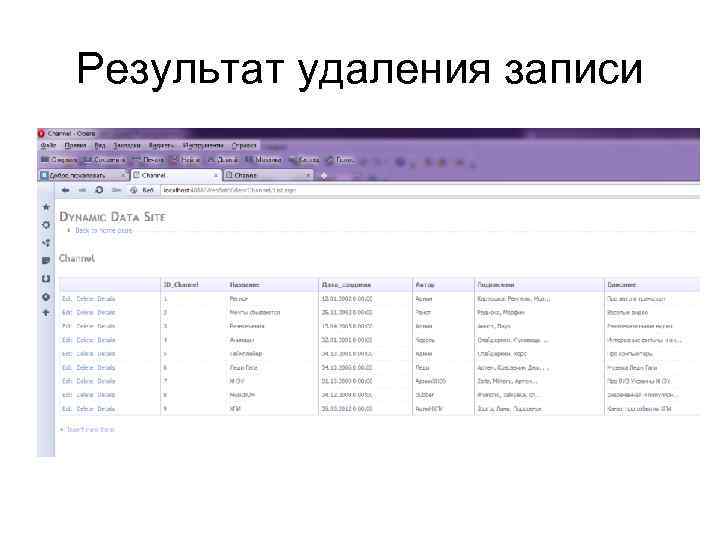 Результат удаления записи 