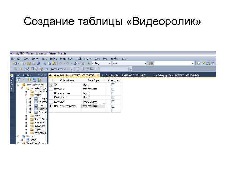 Создание таблицы «Видеоролик» 
