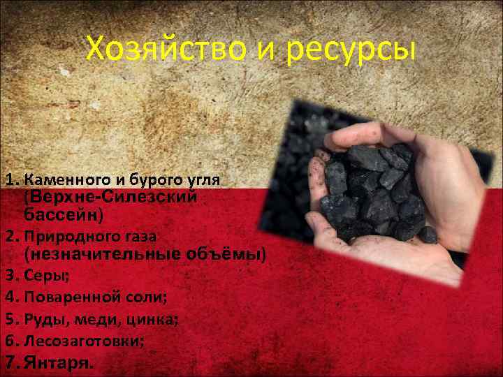 Хозяйство и ресурсы 1. Каменного и бурого угля (Верхне-Силезский бассейн) 2. Природного газа (незначительные