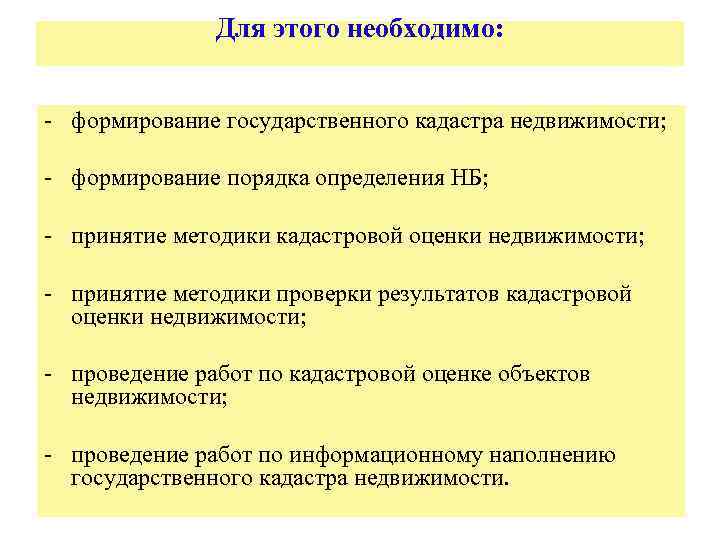 Для этого необходимо: - формирование государственного кадастра недвижимости; - формирование порядка определения НБ; -