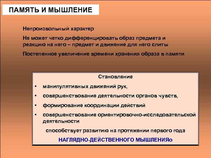 ПАМЯТЬ И МЫШЛЕНИЕ Непроизвольный характер Не может четко дифференцировать образ предмета и реакцию на
