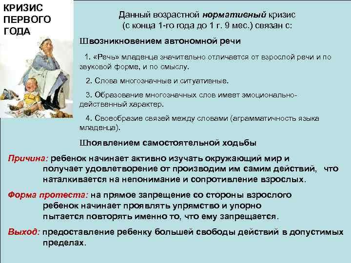КРИЗИС ПЕРВОГО ГОДА Данный возрастной нормативный кризис (с конца 1 -го года до 1