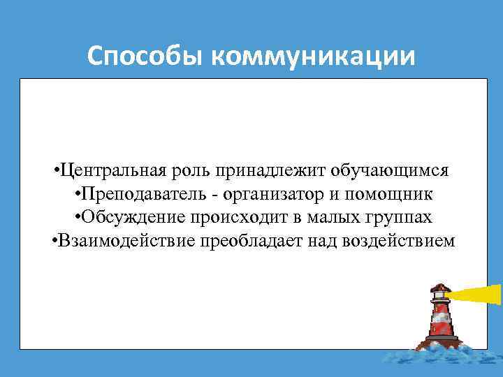 Способы коммуникации • Центральная роль принадлежит обучающимся • Преподаватель - организатор и помощник •