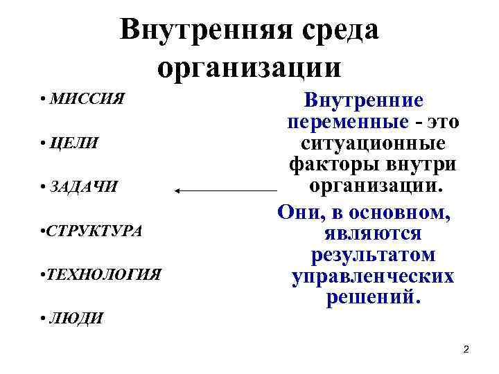  Внутренняя среда организации • МИССИЯ Внутренние переменные - это • ЦЕЛИ ситуационные факторы