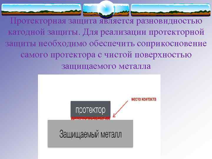 Протекторная защита является разновидностью катодной защиты. Для реализации протекторной защиты необходимо обеспечить соприкосновение самого