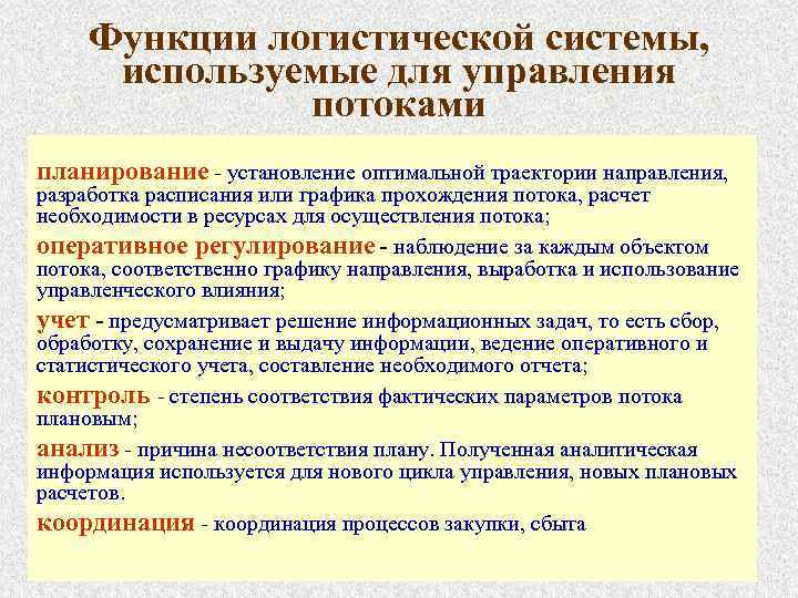  Функции логистической системы, используемые для управления потоками планирование - установление оптимальной траектории направления,