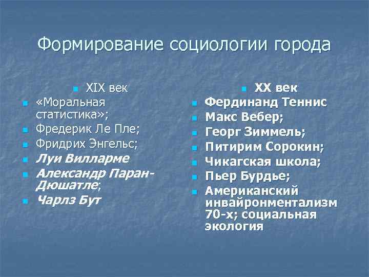Формирование социологии города ХIХ век «Моральная статистика» ; Фредерик Ле Пле; Фридрих Энгельс; Луи